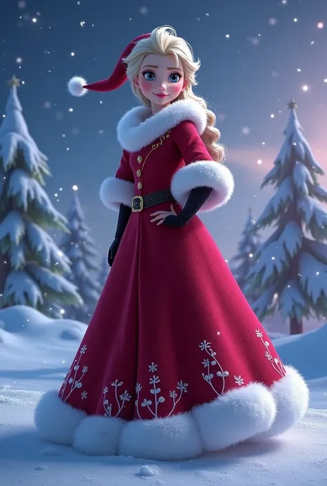  Generate an image of Elsa from the Frozen movie。Elsa is wearing a Santa Claus costume 。