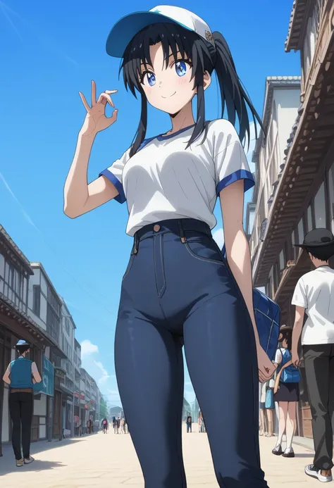 score_9, score_8_up, score_7_up, Kamiya Kaoru,2_girls, 19 years old,(((((Kamiya Kaoru wearing Punk pants style, hat)))), slim body, (((tomboy))), narrow waist, ((((slim thighs and hips)))), black hair,long-hair, ponytail, blue eyes, medium breasts, (((long...