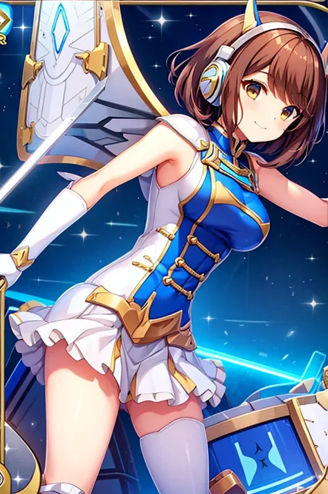  smiling、mecha wing、Thighs、tights、chest、 shiny brown hair、  short bob、 1 girl、 solo girl、 headset 、idol dress、idol skirt、 light blue mini skirt 、mecha girl、I have a white armor 、 has a sword、sword、 has a shield、shield