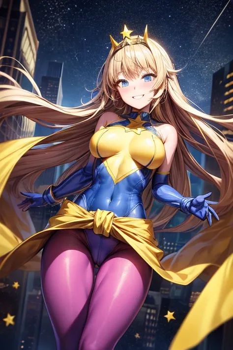 ((best quality)), ((masterpiece)), (detailed), 1 girl, 1, Smiling face, Blue eyes, Star-shaped tiara, Arms outstretched, Arms behind waist, Blue superhero mask, Blushing, Blonde hair, Straight hair, Long hair, Bangs, Hair ornaments, Star hair ornaments, Me...