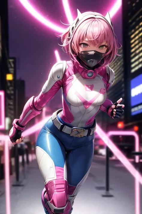 ((best quality)), ((masterpiece)), (detailed), 1 girl, 20s, young adult, black facemask covering her mouth, smooth head, pink motorcycle helmet with black details, short pink hair, bangs, black neck, tall, slim, athletic, pink details, black fingerless glo...