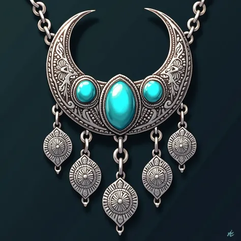 An anime illustration style depicting a vintage ethnic pendant necklace featuring a crescent-shaped silver metal base intricately engraved with detailed patterns. The centerpiece includes three vibrant turquoise-like blue gemstones that contrast strikingly...