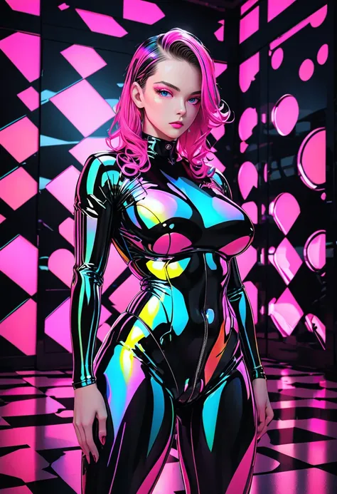 regent hair cool beauty, rainbow color slicked hair on the sides, amorous and lewd expression, captivating eyes, superlative body proportion, wearing black glossy tight fit combat uniform, background jet black hot pink neon room, effective effects, bold an...