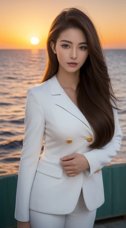 (daytime, Excellent, 8k,  masterpieces :1.3)),  Full Body , Long legs,  focal length : 1.2, Perfect Body Beauty: 1.4,  slim belly : 1.1, (( dark brown hair,  Big Bust: 1.2 )), (White suit, stand: 1.2), ((sea,  sunset : 1.3)),  detailed facial and skin deta...