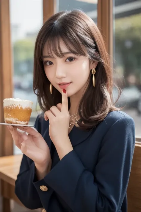  Inhaling Eyes , cute double , Mysterious woman enjoying chiffon cake at cafe,  inside a calm cafe ,  medium hair with loose inner curls,  clothes chosen for a date , Talented , Kind personality,  woman who is very particular about the details ,  detailed ...