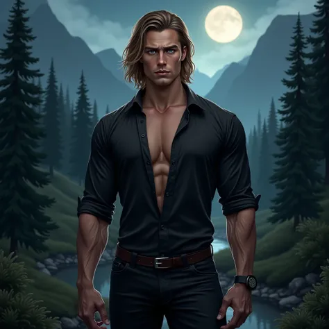          Image of a very handsome man with green eyes  ,    long,    light brown hair   ,       European traits,       serious look ego       ,   shiny porcelain skin  ,       Black shorts   ,     black shirt with buttons ,      very muscular  ,  on a moun...