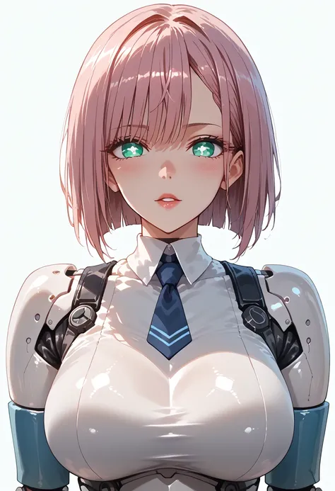  top quality,  high detail, 4K, human,  Robot Girl , Android Face(metal),  & Titanium Leather, Robot face(With human Features),  cybernetic eye (Hard skin around the eyes, Clear pupils),  1 girl , formal,   perfect hands(5 fingers), wig(False hair), Big Br...