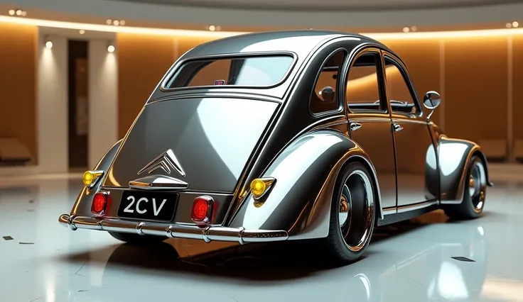 Create a 3D render of a car design featuring the Citroen 2cv, 1965. The car should be viewed from the Back in Shine Cream. Include a [Brand Logo] prominently on the Back. The headlights should be yellow ,. The license plate should display 2cv. The car shou...