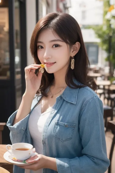  Inhaling Eyes , cute double ,  A mysterious woman enjoying chiffon cake at a cafe,  inside a calm cafe ,  medium hair with loose inner curls,  clothes chosen for a date , Talented , Kind personality,  woman who is very particular about the details ,  deta...