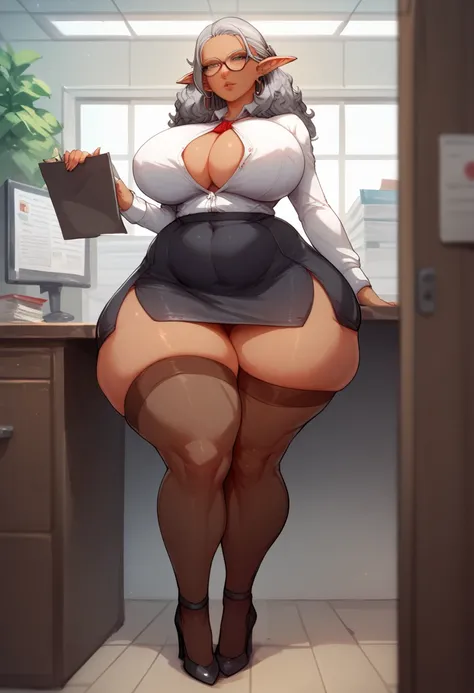 Masterpiece,best quality, high resolution,1girl,elf,dark skin,grey hair,long hair, fluffy hair, White button up, glasses, pencil skirt,thigh highs, office, cubicles, widow, heels,wide hips,huge thighs,huge breasts 