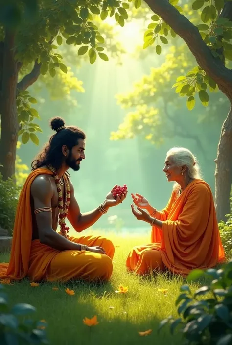 The scene depicts a grove of the old frail hermitess, shabri. Lord Ram and his birther laxman seated down on grass gracefully. Ram taking a berry from shabri’s hands with a gentle smile, acknowledging her devotion. Al three wearing saffron clothes of hermi...