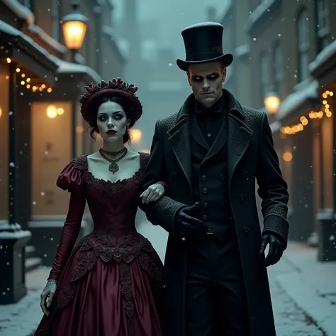 ((night, black sky)) (snow falling) BREAK ((1woman) bride of Frankenstein, (very pale eyes), angular face, deathly pale skin, dark hair tied back, tall) BREAK in burgundy Victorian dress and burgundy hat, BREAK, walking side-by-side with, BREAK (1man) sata...