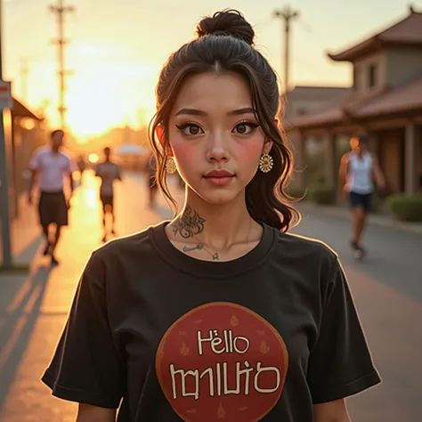 An Asian man,ใบหน้าเรียบเฉย,  with a round face , มี Glazed Tile Skin เงา, Have a tattoo, Glazed Tile Skin , fine eyes , She wore a black blouse with a graphic print. "Hello" Buriram" Bright colors, Realistic art style,  high definition ,   has anatomical ...