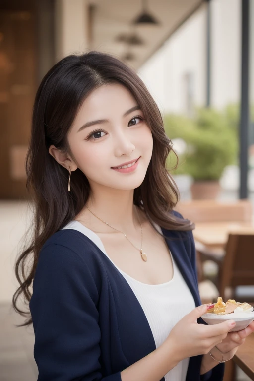  Inhaling Eyes , cute double , Mysterious woman enjoying chiffon cake at cafe,  inside a calm cafe ,  medium hair with loose inner curls,  clothes chosen for a date , Talented , Kind personality,  woman who is very particular about the details ,  detailed ...