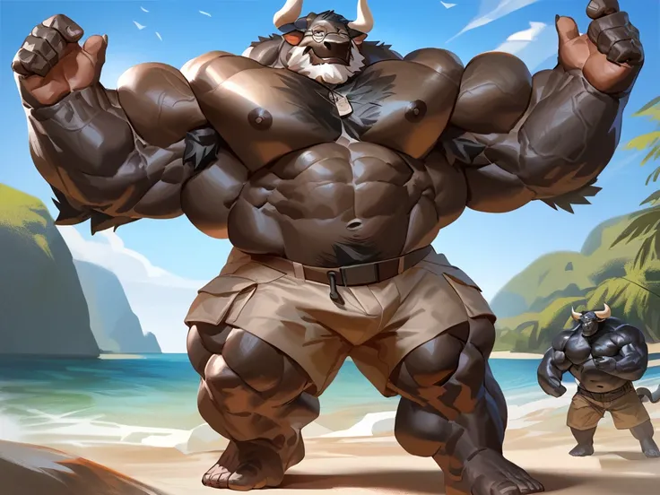 lindong, semi realistic, semirealistic:1.3, huge muscular furry, black furr, black bull, anthro, an anthro, bull:1.2, horn, mass, cargo shorts, beach, shirtless, smile, thick arms, fullbody, old, glasses, grandpa, massive muscular, pectoral, semirealistic,...