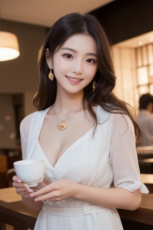  Inhaling Eyes , cute double ,  A mysterious woman enjoying chiffon cake at a cafe,  inside a calm cafe ,  medium hair,  half up hair,  clothes chosen for a date , Talented , Kind personality,  woman who is very particular about the details ,  detailed hai...