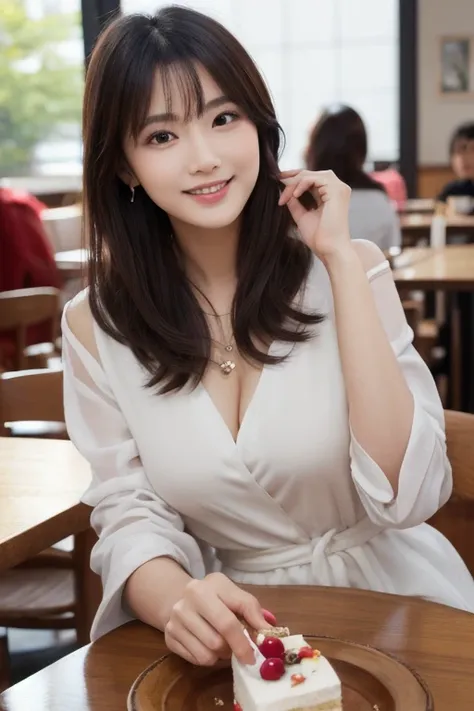  Inhaling Eyes , cute double , Mysterious woman enjoying chiffon cake at cafe,  inside a calm cafe , Unvolume ,  clothes chosen for a date , Talented , Kind personality,  woman who is very particular about the details ,  detailed hair,  highly detailed fac...