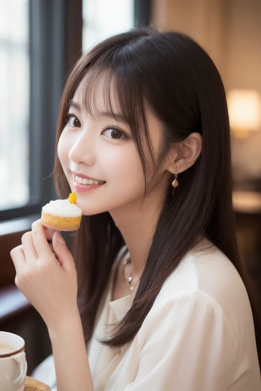  Inhaling Eyes , cute double ,  A mysterious woman enjoying chiffon cake at a cafe,  inside a calm cafe , Cute medium hair,  clothes chosen for a date , Talented , Kind personality,  woman who is very particular about the details ,  detailed hair,  highly ...