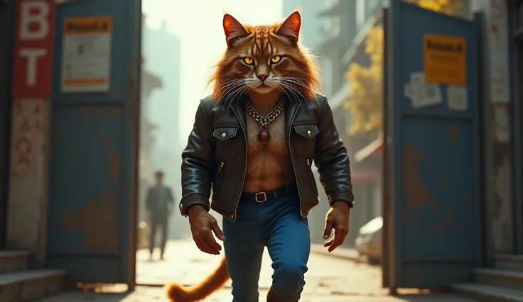 A fierce, muscular cat with a rugged and confident attitude, embodying the persona of Rocky Bhai from KGF. The cat has a sleek, strong build, with its fur resembling a combination of brown shades of brown and simple red. It has piercing, determined eyes an...