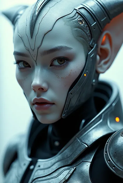 Close up photography, a pure beauty creature, wear futuristic warrior armor, the god of technology