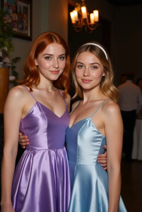 Realistic upper body portrait of two German flower girls aged 20,langes Haar, hairband, Necklace, smile. She poses for the camera in a shiny metallic light purple and light blue silk A-line dress with straps..., Wedding,glamour fotoshooting,  beautiful fem...