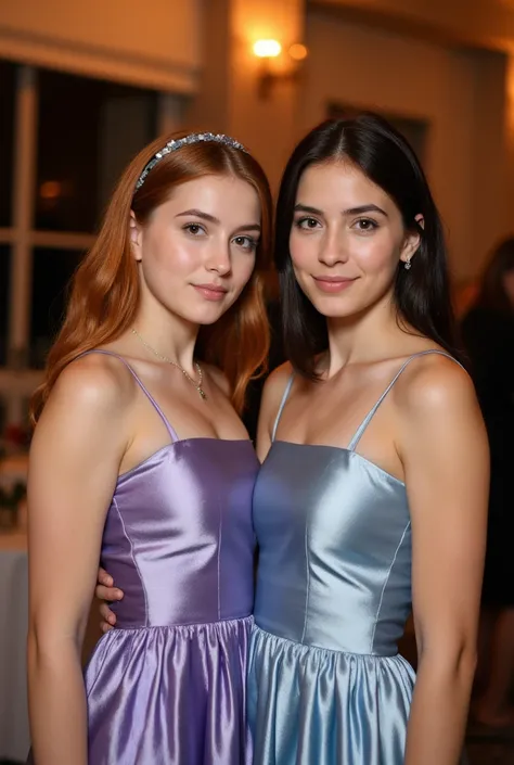 Realistic upper body portrait of two German flower girls aged 20,langes Haar, hairband, Necklace, smile. She poses for the camera in a shiny metallic light purple and light blue silk A-line dress with straps..., Wedding,glamour fotoshooting,  beautiful fem...