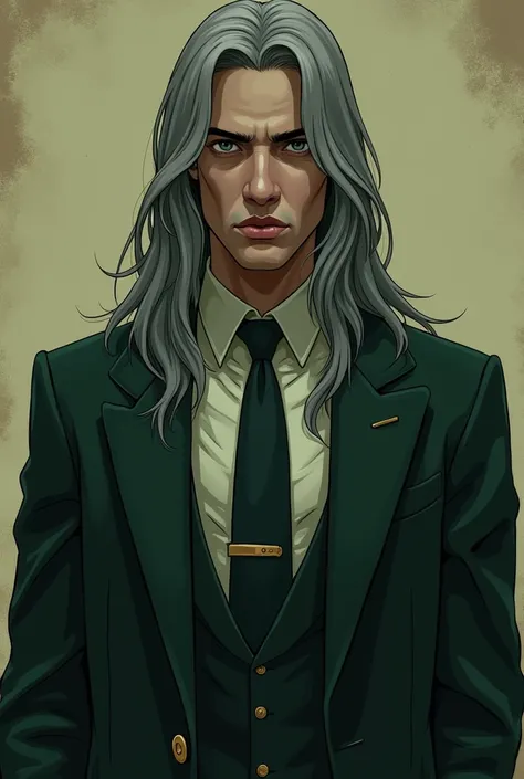  Avongaruk Amedeo rendered in a board game gangster style， background in dark beige and green ，Keep gray long hair 