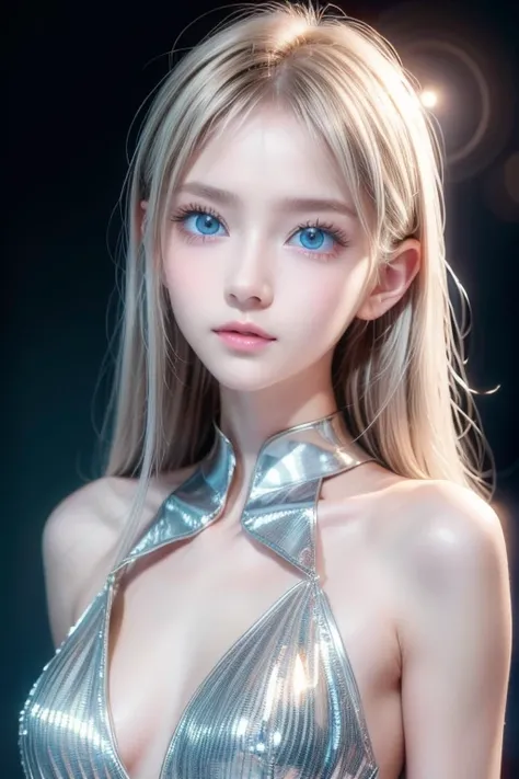  top quality、8kの傑作、 super high resolution、(Realistic:1.3)、 RAW photos 、A beautiful 14-year-old baby-faced girl of Scandinavian descent with shiny blonde hair.、 Silver Blonde Hair 、 super long straight hair 、 bangs between eyes、Hair above the eyes、片Hair abo...