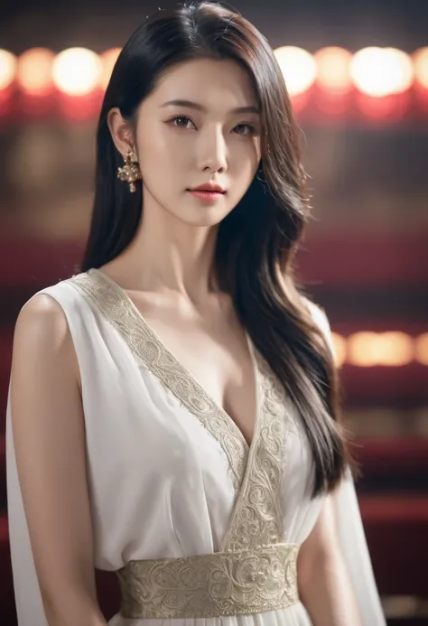 ((RAW, Best Quality, 16K, UHD )), A young cute profile woman, extremely beautiful korean, elegant, photorealistic, front view, looking at viewer, portrait, sexy long hair, ultra realistic, high detailed, high detailed skin, high quality, judge from hell dr...