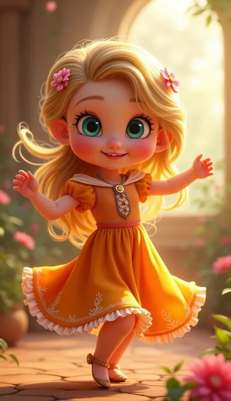  Disney Pixar style character Rapunzel baby with ponytail in her hair, Little flowers in your hair and full body orange dress so you have dancing movements