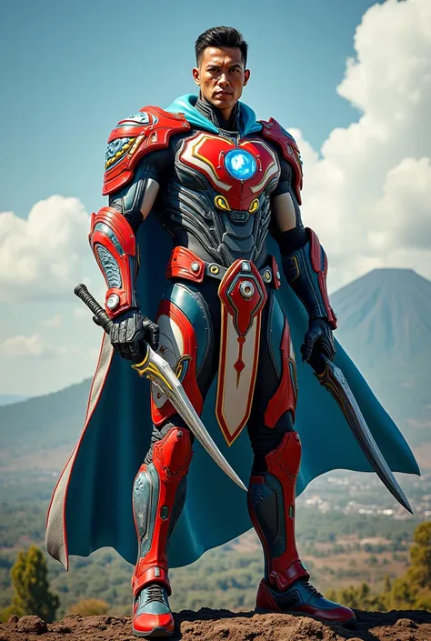 A realistic tall male superhero inspired by DC character designs, wearing a suit of high-tech armor blended with traditional Indonesian elements. The suit features modern and tactical adjustments, incorporating cultural motifs, mythological symbols, and th...