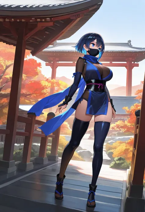 up to date, safe, ninja girl、solo, Short Hair, dark blue Hair, gradation hair, clear blue eyes, tousled hair,  ninja costume, ninja mask, large chest, outdoors, japanese landscape, japanese castle scenery, (best quality,4k,8k,highres,masterpiece:1.2),ultra...