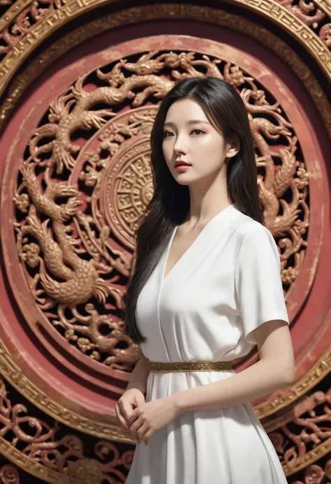 ((RAW, Best Quality, 16K, UHD )), A young cute profile woman, extremely beautiful korean, elegant, photorealistic, front view, looking at viewer, portrait, sexy long hair, ultra realistic, high detailed, high detailed skin, high quality, in Dark judge dres...