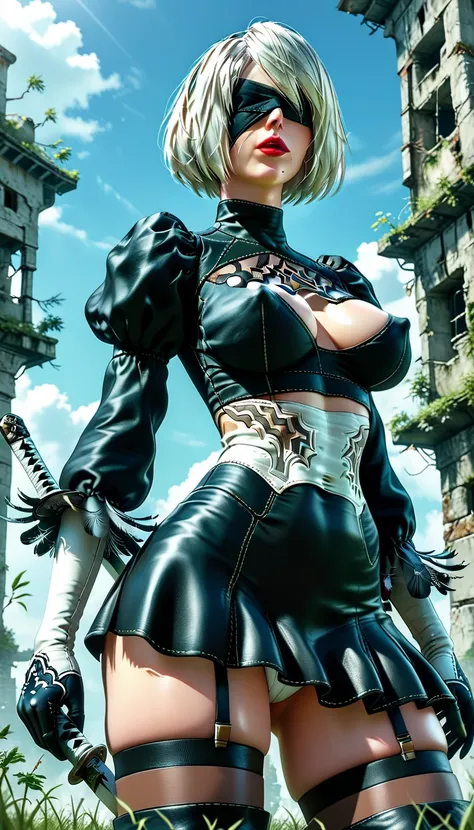 (2B), (Nier Automata 2B), solo, beautiful lips, crimson lipstick, short white hair, pale skin, black hairband, black blindfold, (black tomboy style skirt), Black and white Leotard, black long sleeves, White and black gloves, black overknee stiletto boots, ...