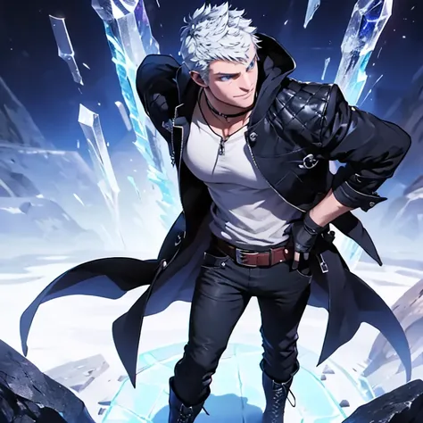 (  masterpieces in the background ,  best quality)
Nero DMC , Alone,  watch viewers,  shorthair,  blue eyes,  shirt,  gloves, grinning, serious expression,  standing, whole body, arms, male focus,  boots, Open the clothes, black  gloves, belt,  1 boy,  whi...