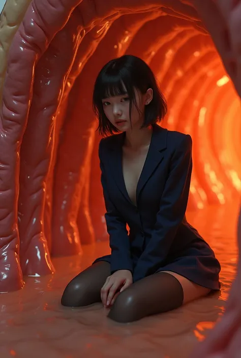 A young japanese woman wear a navy blue office suit, wear a very short black A-line skirt, wear black stockings. she sitting with knees touching chest inside a creatures second stomach. The interior is warm, soft, and slightly glowing with an eerie, organi...