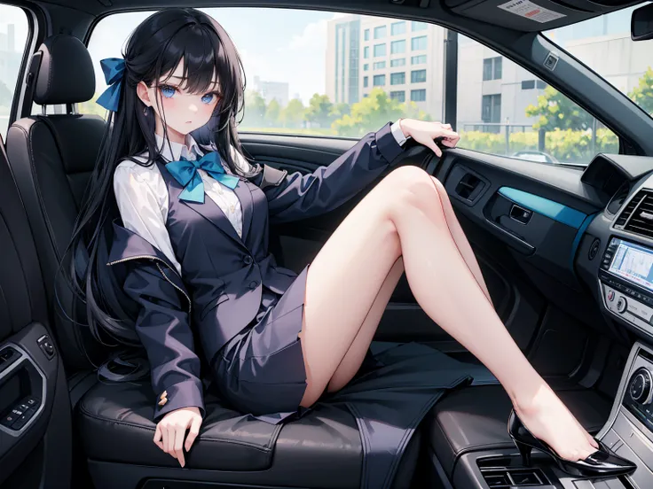    High school students   ， already, Black Hair ， With warm blue eyes   ， Wore a brand new blue suit and black heels ，  Pure white collar and bright green bow  。 has long Black Hair and warm blue eyes ， Lean back in the car seat ，  Pose Alluring , spread l...