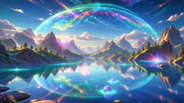 A Masterpiece In 32K Resolution, Supreme Quality, Super Detail, Official Art, Very High-Resolution 32K Wallpaper, Beautiful And Aesthetic, Ultra-Detailed Features, Awe-Inspiring Detail. A Miraculous Floating Lake Suspended High In The Sky, Surrounded By Fu...