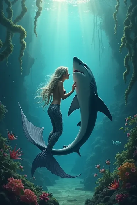 A mermaid at the bottom of the sea with a shark 