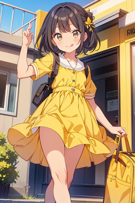 A girl of elementary school age is wearing a yellow dress and sticking her tongue out.