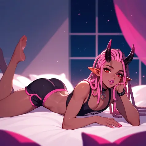 Best quality, highly detailed, ultra detailed, dynamic night lighting, night time, tan brown skin femboy, male chest, slim curvy body, pink hair, dreadlocks, pink dreadlocks, black horns on top of head, pointy elf ears, red eyes, pink nails, nude lipgloss,...