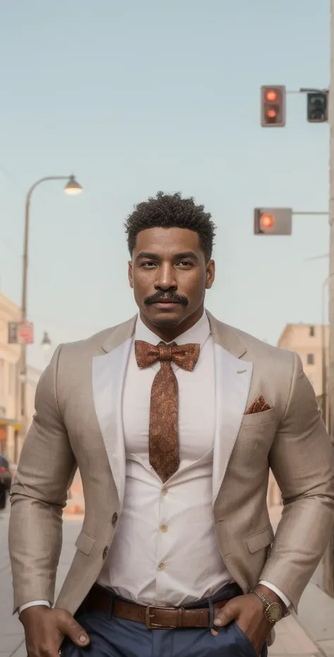 photo of muscular (43y.o African American with a signature mustache) in a worn ((wearing a dark blue zegna wedding blazer and tie bow, shirt, jacket, belt, mixed-up with luxury:1.2)), big pecs, big arms, large bulge, ((light bokeh)), intricate, (steel meta...