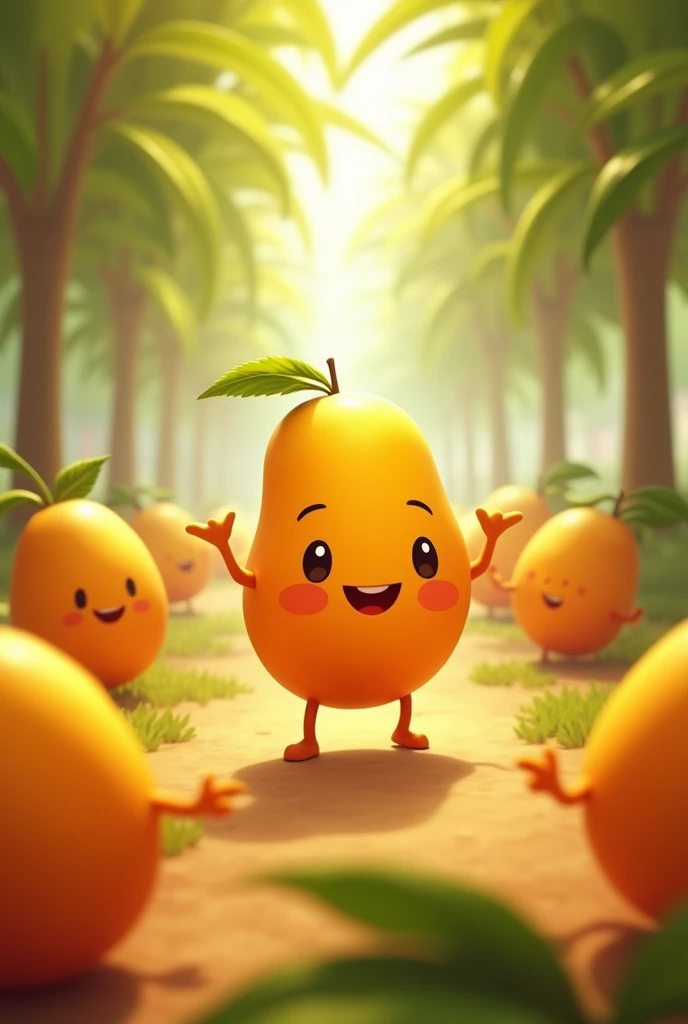  "A cute animated mango character with tiny arms holding an assortment of mangoes—Alphonso, Kesar, and Miyazaki. The scene is vibrant, with the mangoes glowing in the orchard’s sunlight."
The names of the fruits are actually fruit s playing together