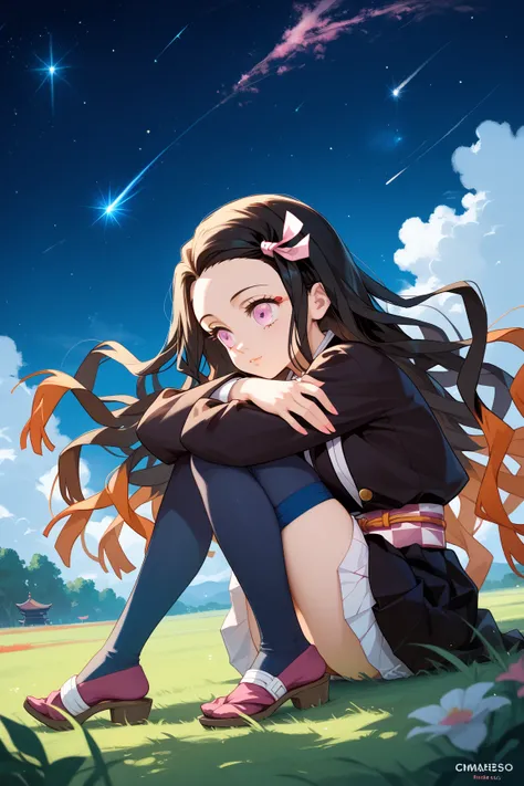 1girl, Alone, Nezuko Kamado, Kimetsu no yaiba, human, demon slayer uniform, blue haori, black stockings, sitting on the grass, a green field, a starry sky, shooting stars, a view from the side, the whole body, looking into the sky, hugging his knees, high ...