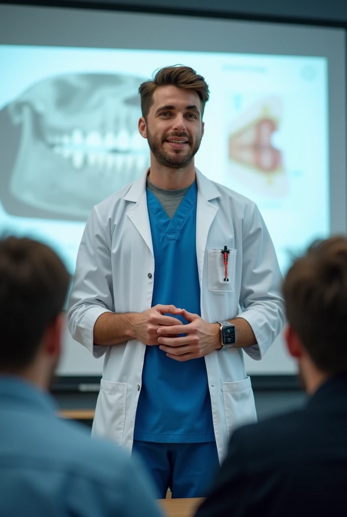 I am giving a class to 19-year-old boys I am a teacher we are teaching Implantology and Prosthodontics classes at the university explaining with a projector I am a man who measures 1, 84 brown hair blue eyes semi-thick build I wear an Apple Watch I am wear...