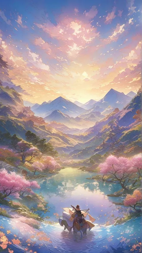 The heroic fantasy party is depicted from behind as they return from their journey. They walk through a vast and majestic landscape, with a serene lake surrounded by mountains in the background. Cherry blossom trees bloom on both sides of the path, creatin...