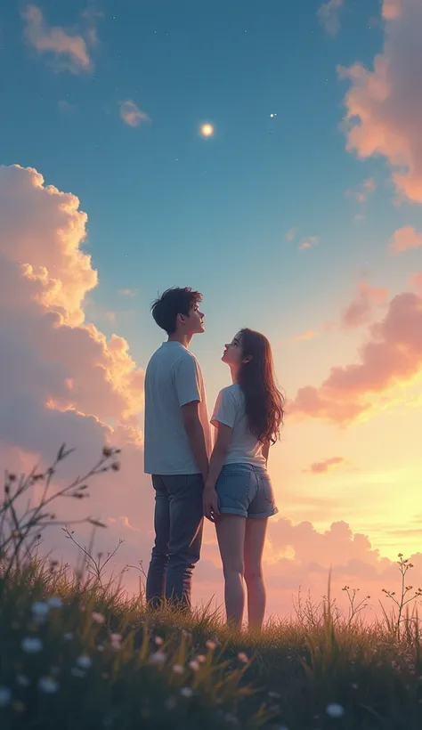 Realistic couple looking at the sky