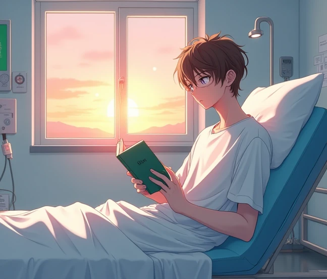  An 18-year-old anime man , To Love Ru,  soft lighting ,  sitting on a stretcher with medical equipment on the sides ,  he is inside a room in the fifth of a white hospital with white slabs ,  there is a small window where you can see the sunset with an or...