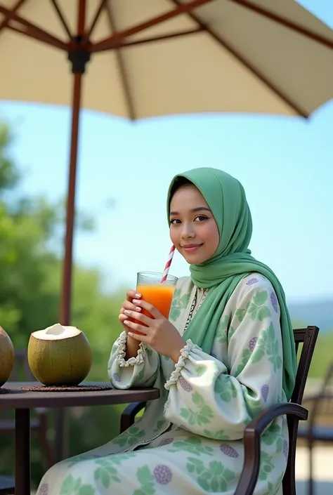 depict a realistic photo, a beautiful, round-faced woman wearing a light green hijab made of patterned silk sateen, wearing a long white sharia shirt with round purple motifs, hand-styled with bubbly frilly bottoms and collars, enjoying a young coconut ice...