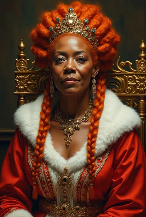 Donna da capelli rosso ramati e con trecce, The woman is fairly dark-skinned , adult, with wrinkles to symbolize age with a very square face, She is a queen ,with a flamboyant crown ,  monarchical clothes and a long and very flashy red and white cape with ...